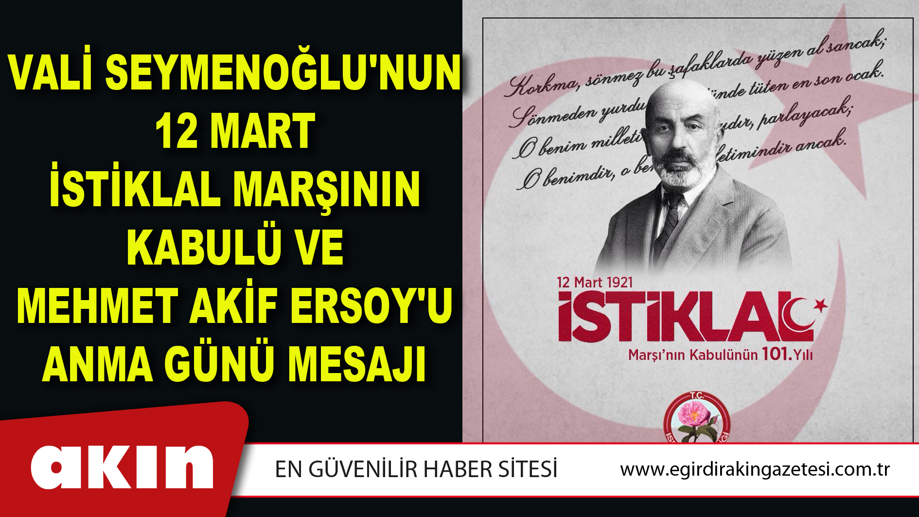 Vali Seymenoğlu'nun 12 Mart İstiklal Marşının Kabulü ve Mehmet Akif Ersoy'u Anma Günü Mesajı