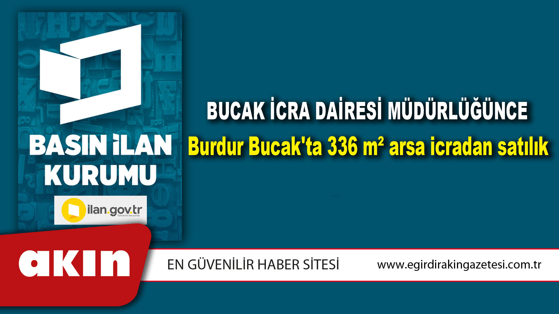 Bucak İcra Dairesi Müdürlüğünce Burdur Bucak'ta 336 m² arsa icradan satılık
