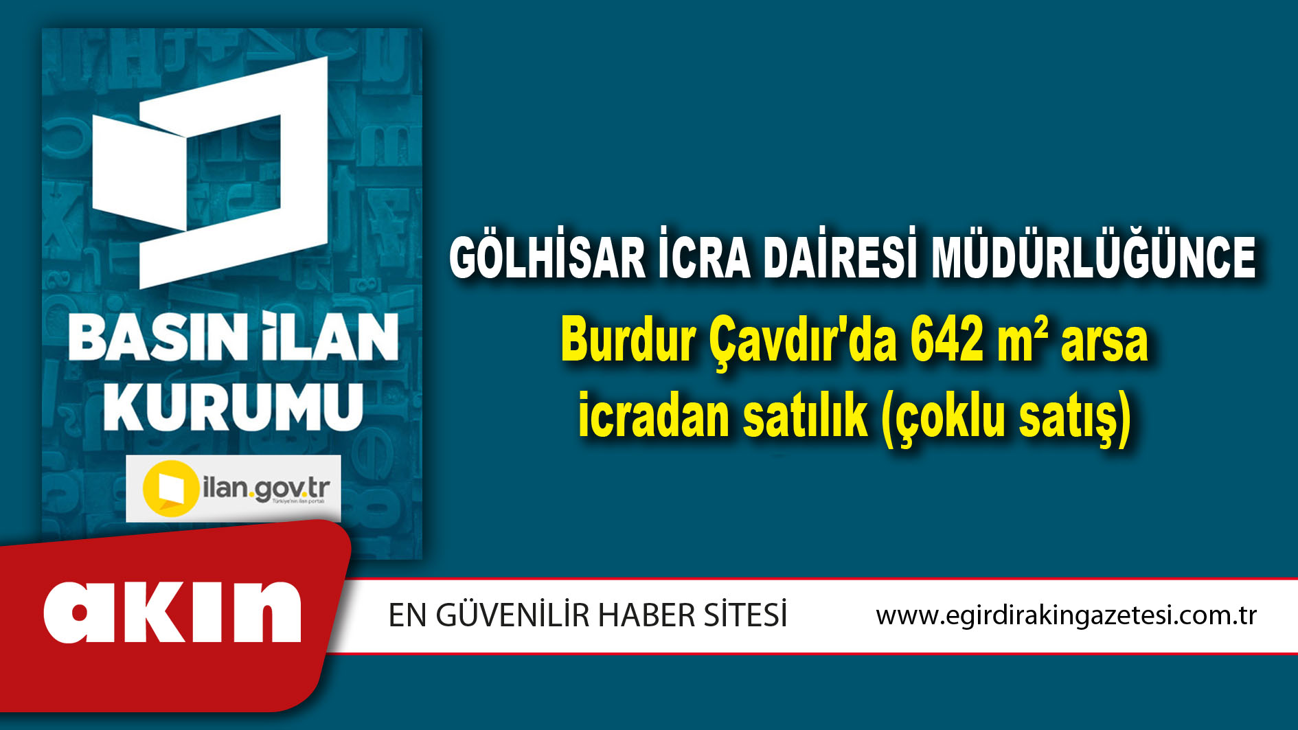 Gölhisar İcra Dairesi Müdürlüğünce Burdur Çavdır'da 642 m² arsa icradan satılık (çoklu satış)