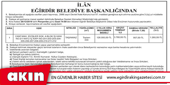 EĞİRDİR BELEDİYE BAŞKANLIĞINDAN İLÂN