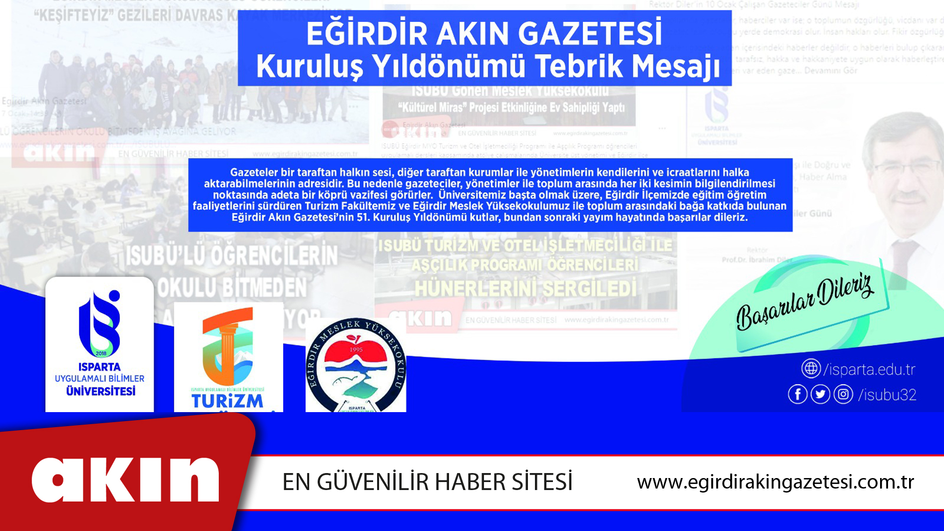 ISUBÜ'den Eğirdir Akın Gazetesi Kuruluş Yıldönümü Tebrik Mesajı