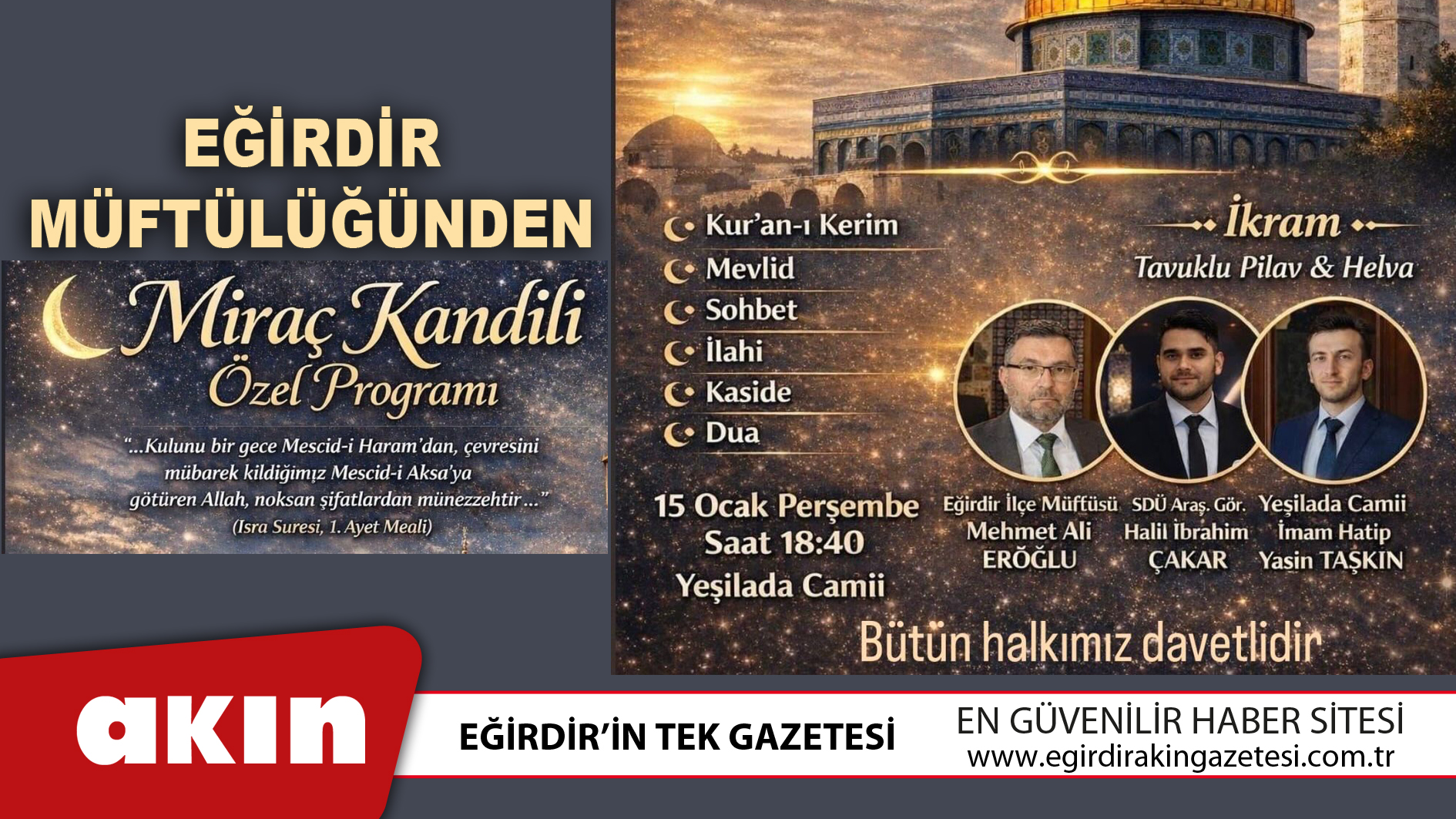 Eğirdir Müftülüğünden Miraç Kandili Özel Programı