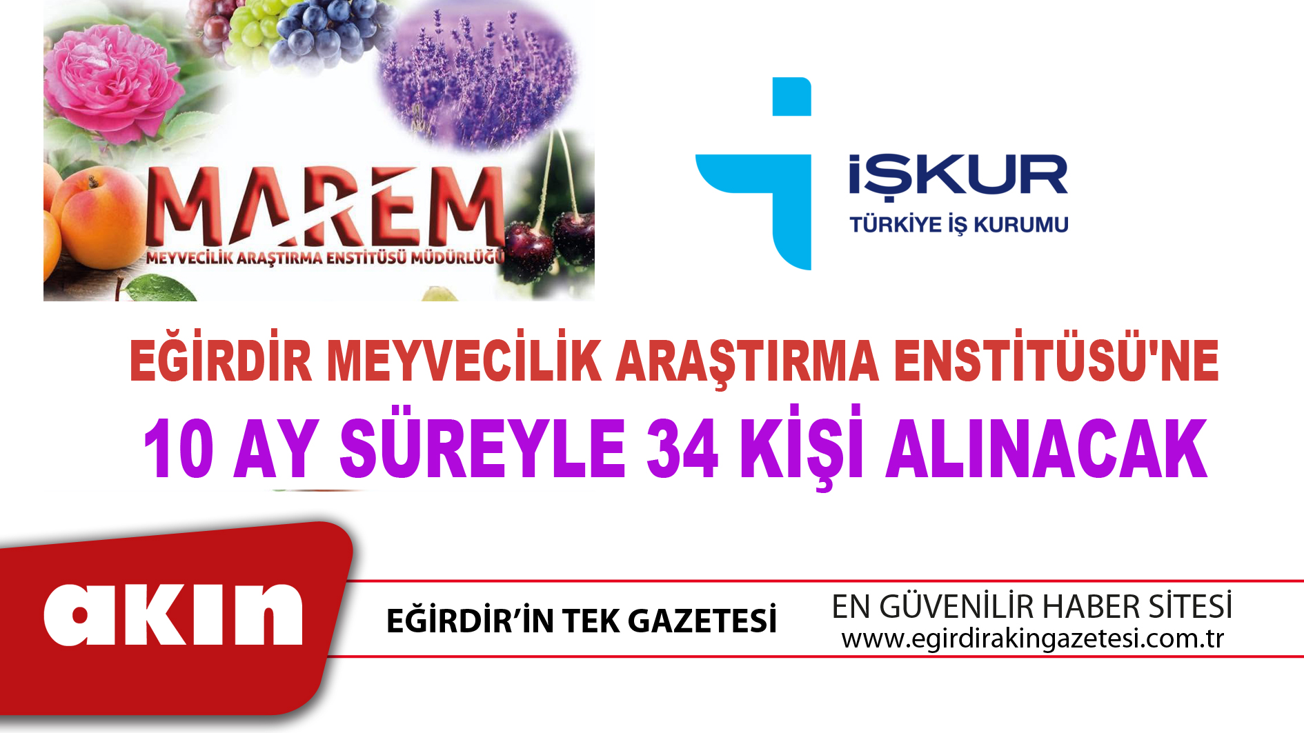 EĞİRDİR MEYVECİLİK ARAŞTIRMA ENSTİTÜSÜ'NE 10 AY SÜREYLE 34 KİŞİ ALINACAK