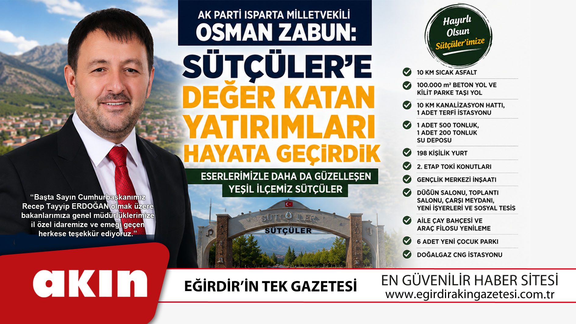 Milletvekili Zabun: “Sütçüler’e Değer Katan Yatırımları Hayata Geçirdik”
