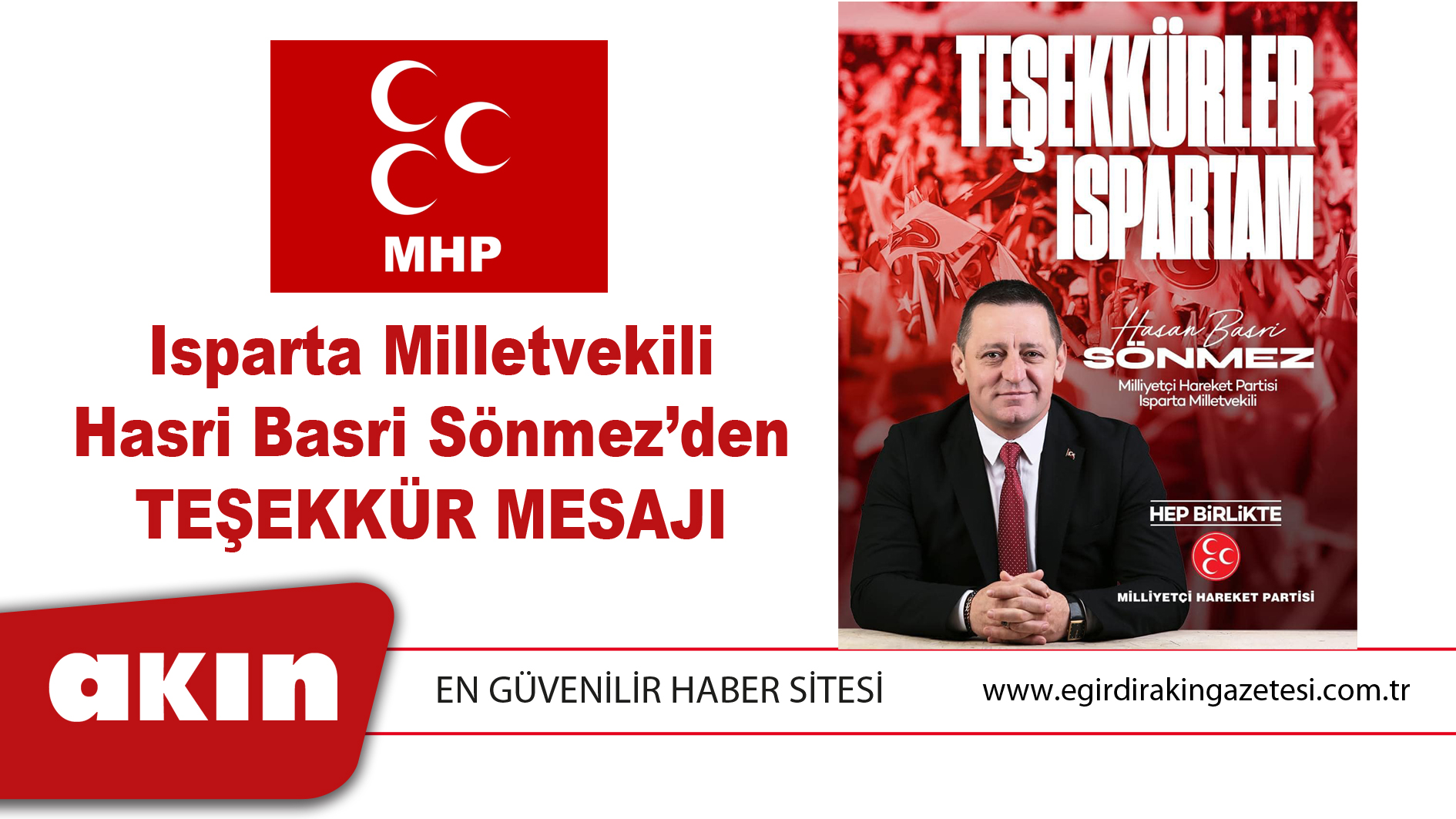 MHP Isparta Milletvekili Hasri Basri Sönmez’den Teşekkür Mesajı