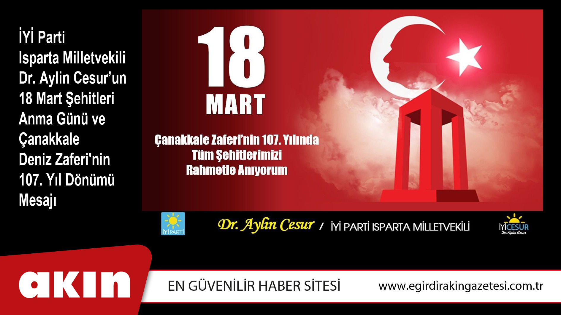 İYİ Parti Isparta Milletvekili Dr. Aylin Cesur’un 18 Mart Şehitleri Anma Günü ve Çanakkale Deniz Zaferi'nin 107. Yıl Dönümü Mesajı
