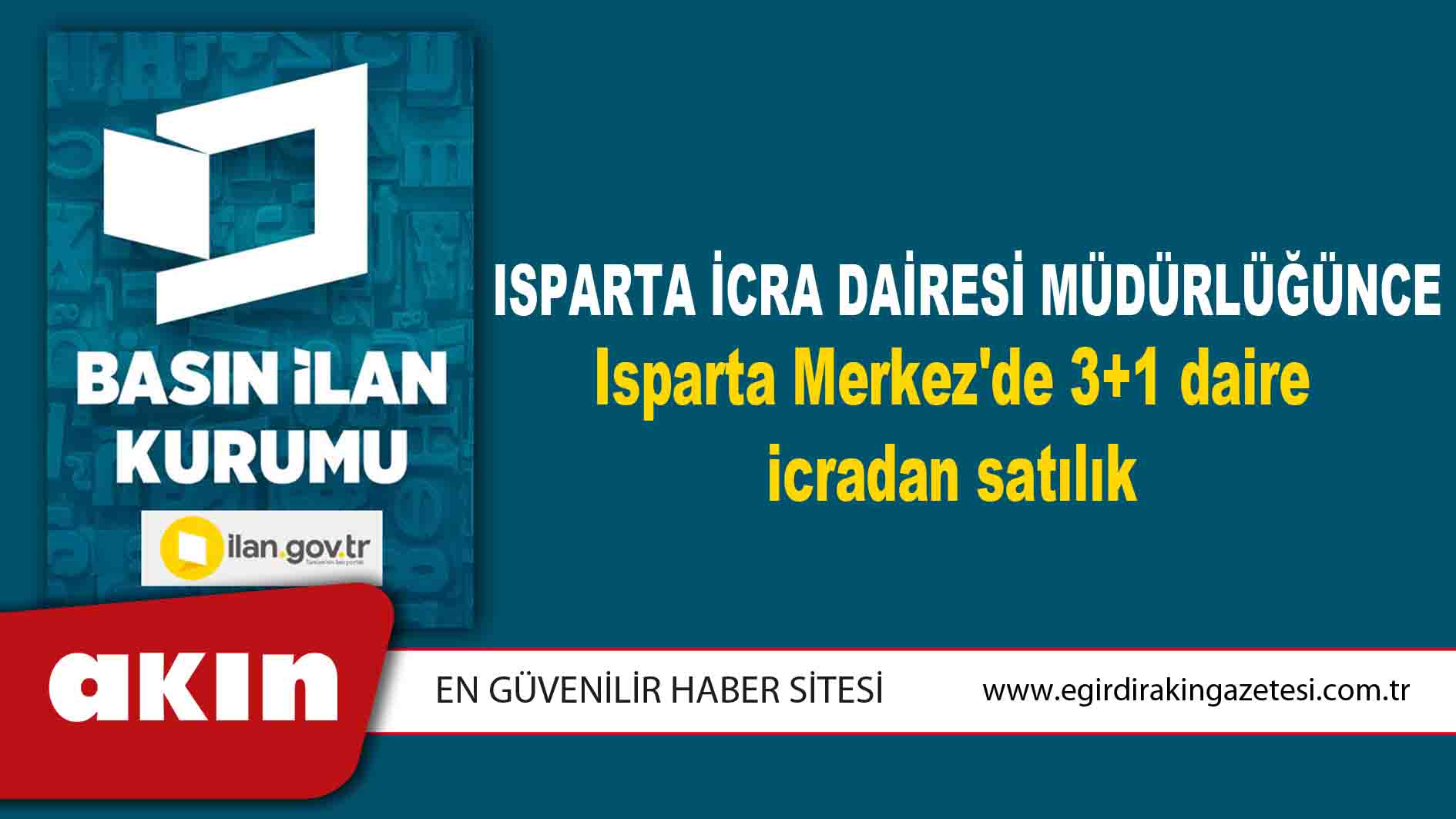 Isparta İcra Dairesi Müdürlüğünce Isparta Merkez'de 3+1 daire icradan satılık