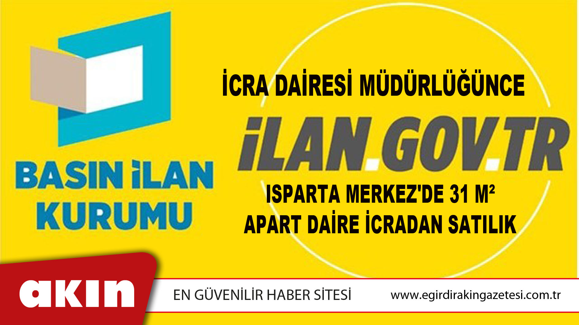 İcra Dairesi Müdürlüğünce Isparta Merkez'de 31 M² Apart Daire İcradan Satılık