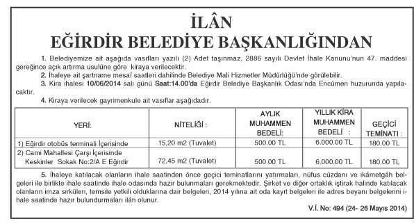 İLÂN - EĞİRDİR BELEDİYE BAŞKANLIĞINDAN