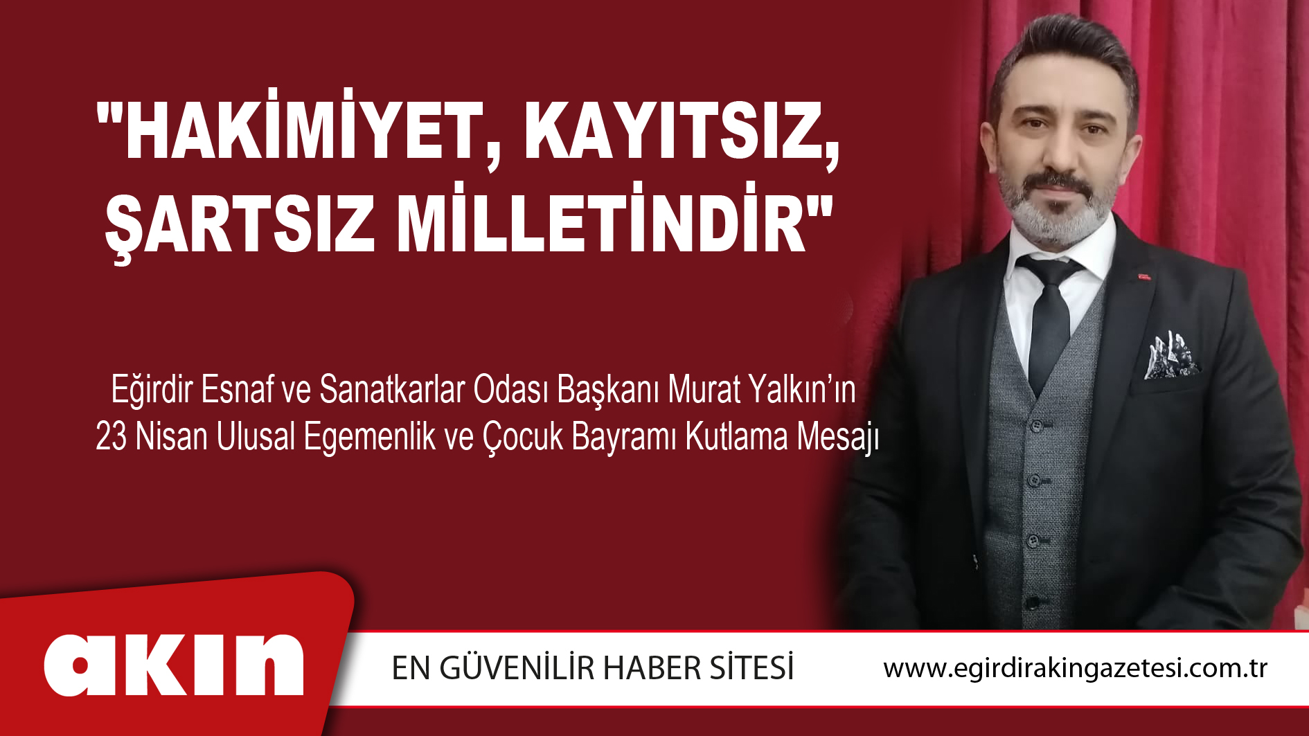 Eğirdir Esnaf Odası Başkanı Murat Yalkın'dan kutlama