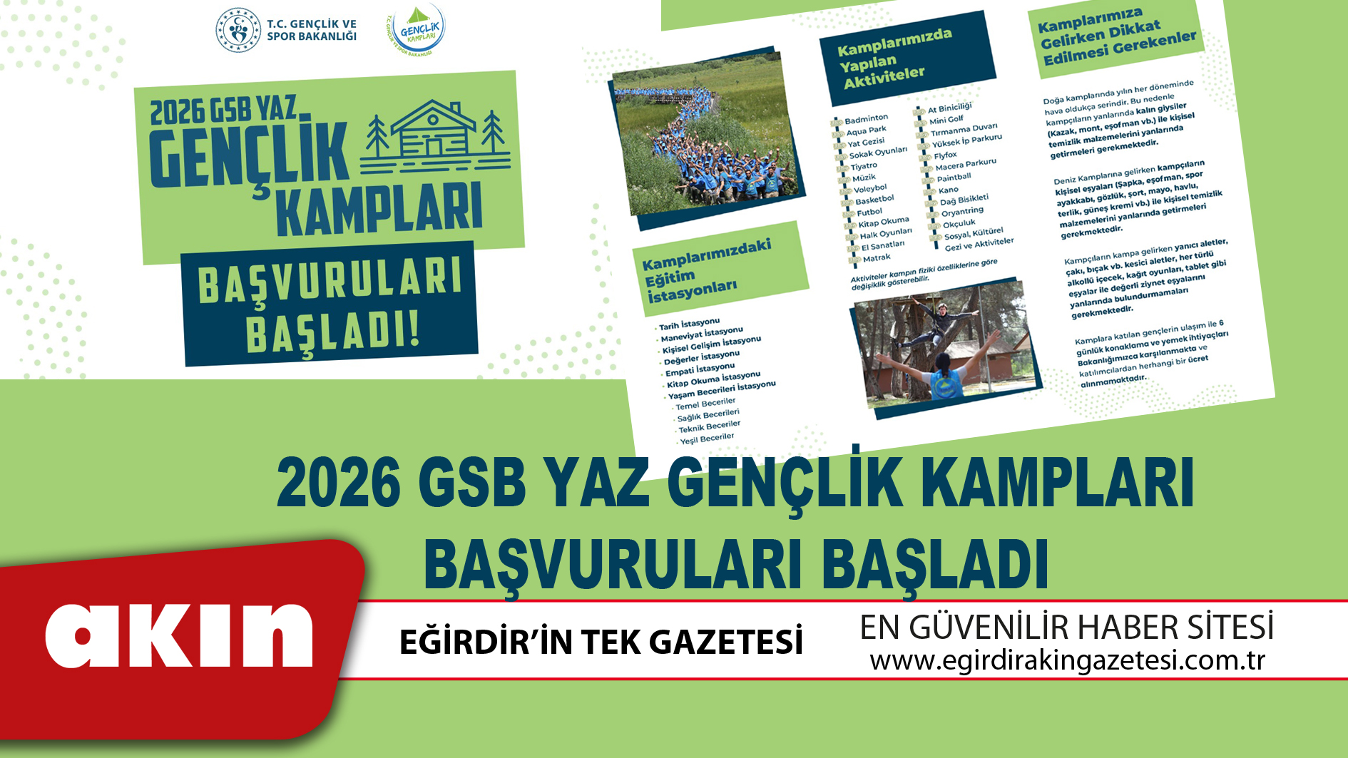 eğirdir haber,akın gazetesi,egirdir haberler,son dakika,2026 GSB YAZ GENÇLİK KAMPLARI BAŞVURULARI BAŞLADI