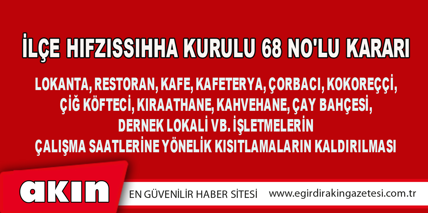 İlçe Hıfzıssıhha Kurulu 68 No'lu Kararı