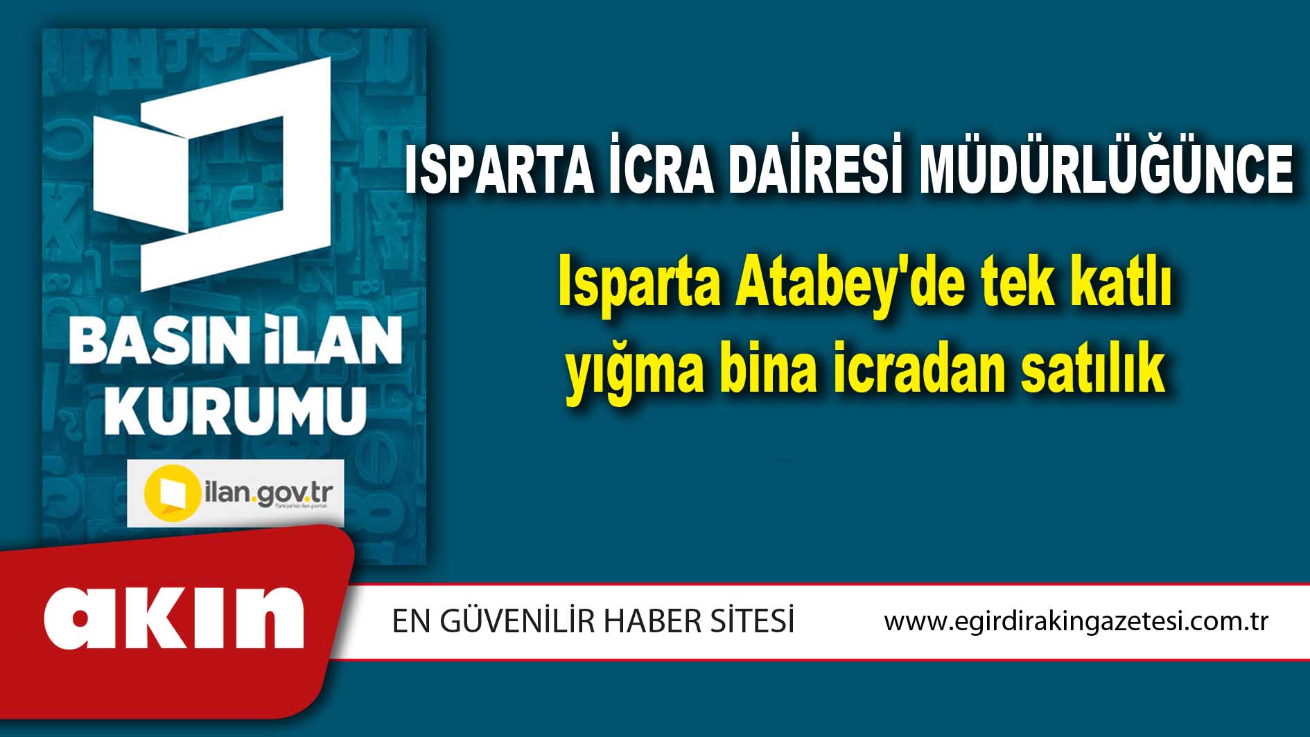 Isparta İcra Dairesi Müdürlüğünce Isparta Atabey'de tek katlı yığma bina icradan satılık