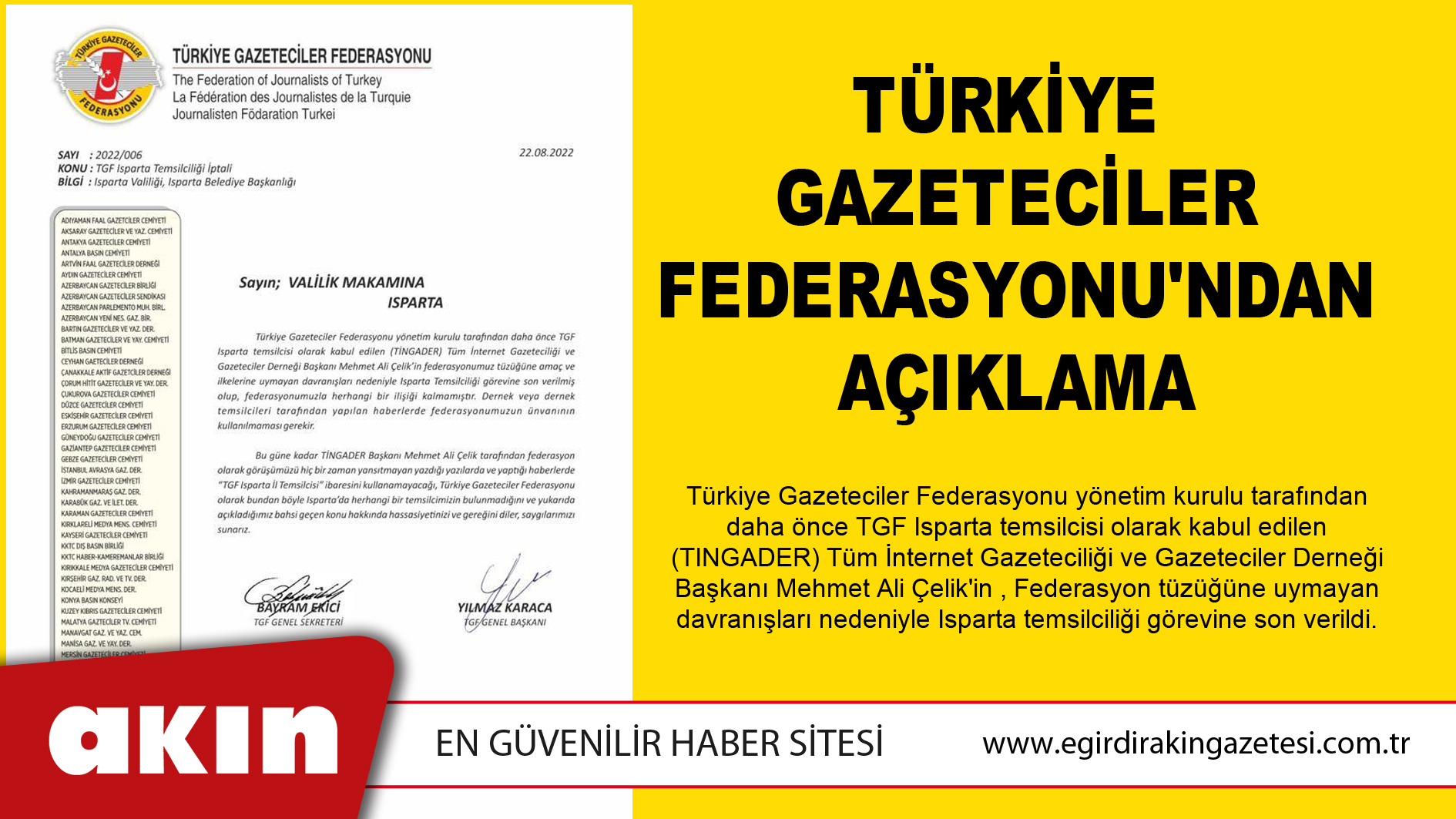 eğirdir haber,akın gazetesi,egirdir haberler,son dakika,Türkiye Gazeteciler Federasyonu'ndan Açıklama