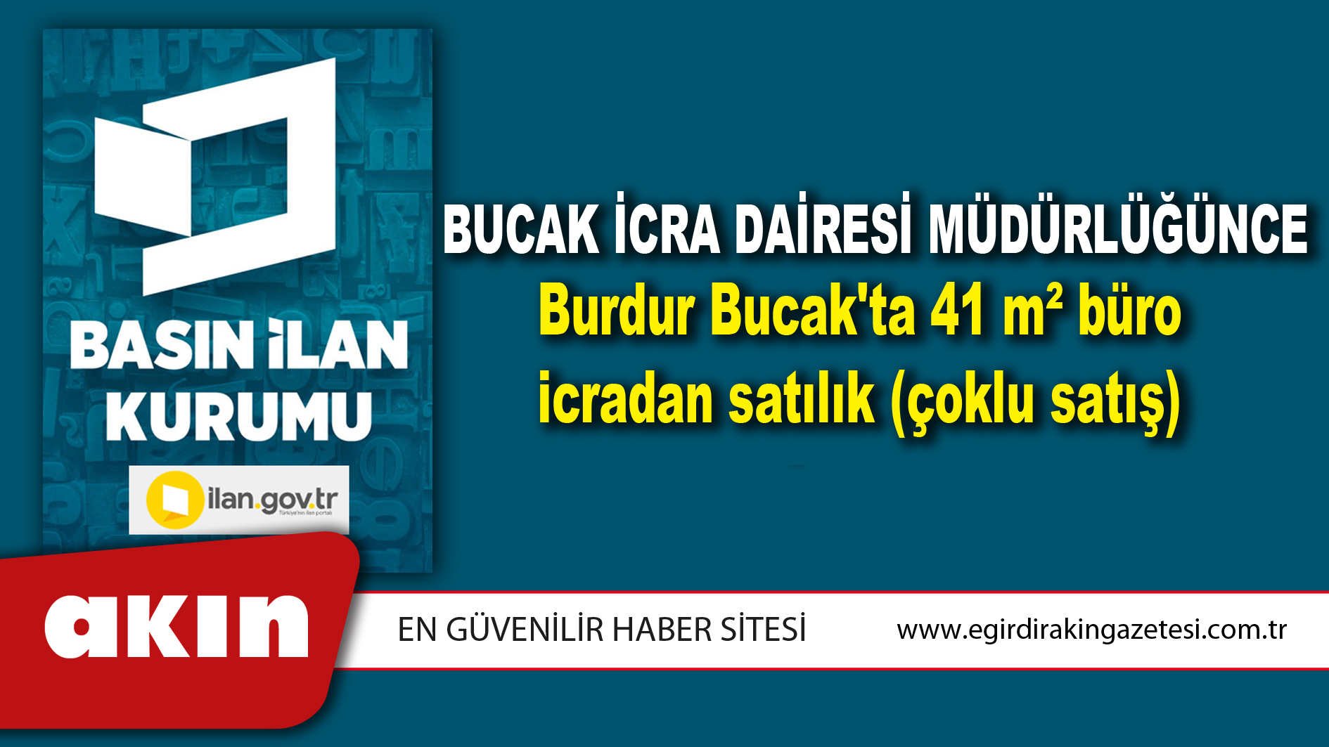 Bucak İcra Dairesi Müdürlüğünce Burdur Bucak'ta 41 m² büro icradan satılık (çoklu satış)