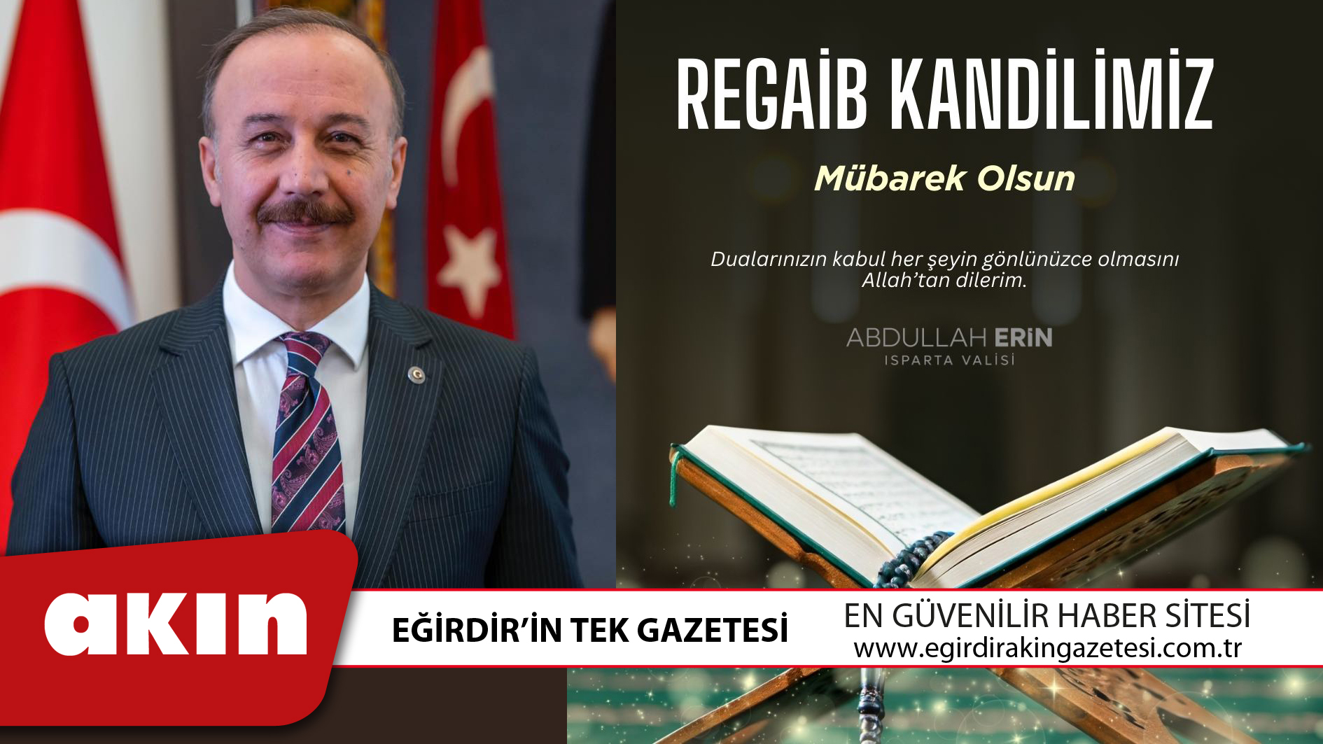 eğirdir haber,akın gazetesi,egirdir haberler,son dakika,VALİ ERİN’İN REGAİP KANDİLİ MESAJI