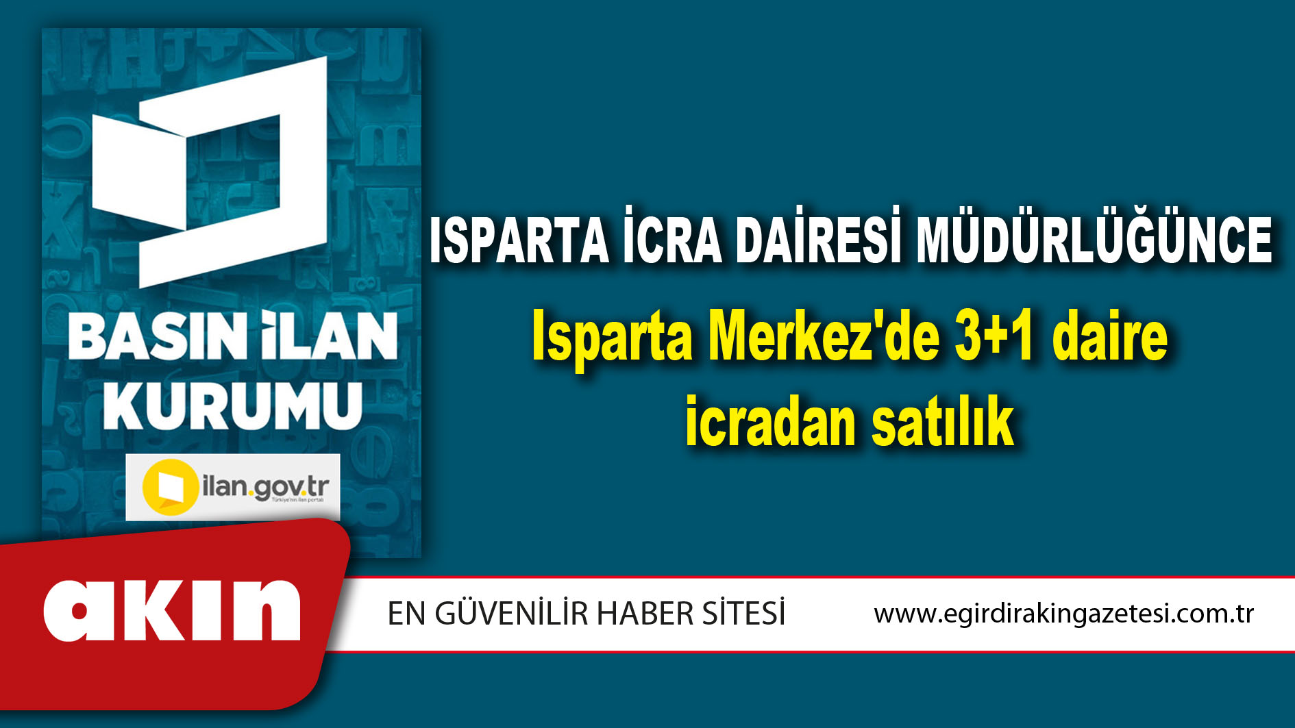 Isparta İcra Dairesi Müdürlüğünce Isparta Merkez'de 3+1 daire icradan satılık