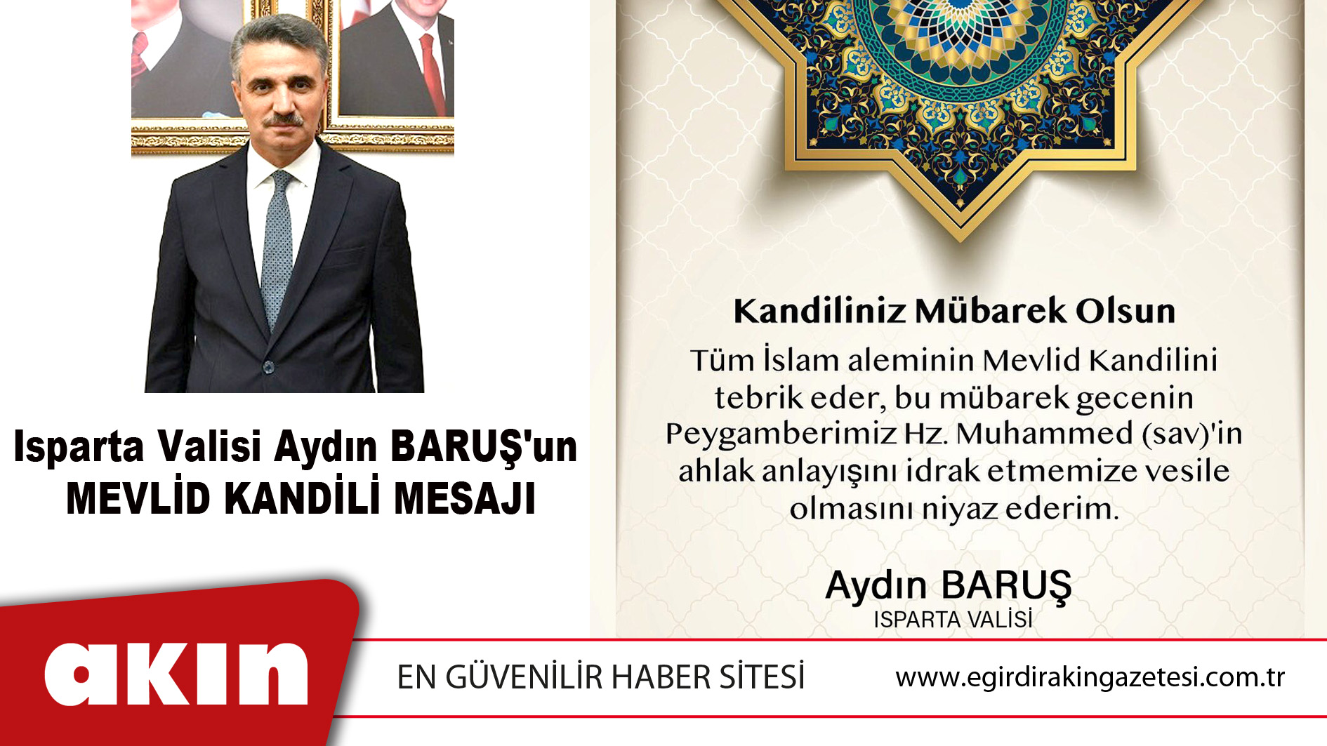 Isparta Valisi Aydın BARUŞ'un  MEVLİD KANDİLİ MESAJI