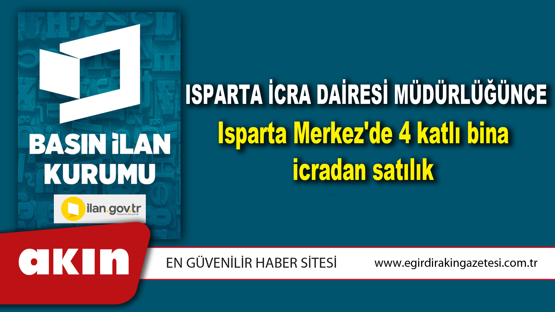 Isparta İcra Dairesi Müdürlüğünce Isparta Merkez'de 4 katlı bina icradan satılık