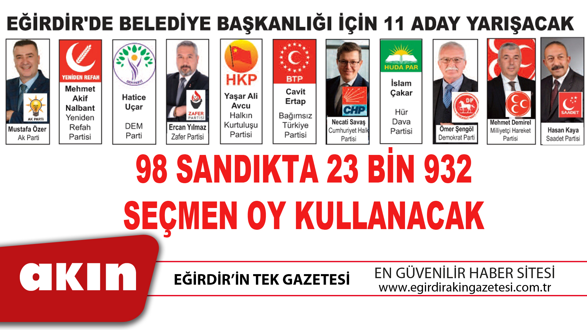 EĞİRDİR'DE BELEDİYE BAŞKANLIĞI İÇİN 11 ADAY YARIŞACAK
