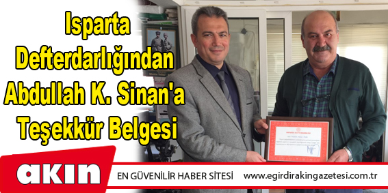 Isparta Defterdarlığından Abdullah K. Sinan'a  Teşekkür Belgesi