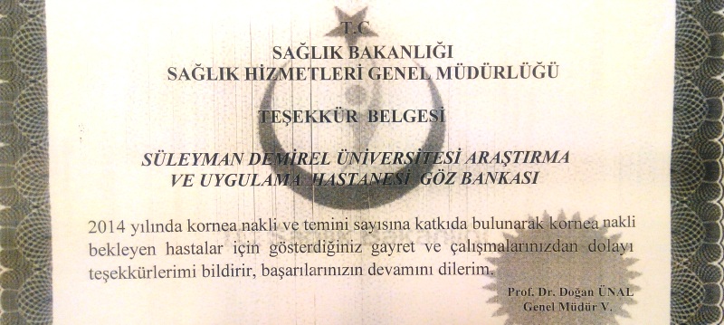 SDÜ Göz Bankasına  Sağlık Bakanlığından Teşekkür