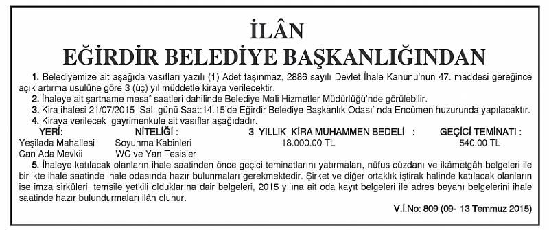 EĞİRDİR BELEDİYE BAŞKANLIĞINDAN İLÂN