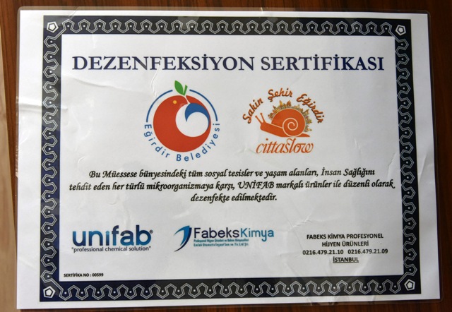 Sakin Şehir Eğirdir'e Dezenfeksiyon sertifikası 