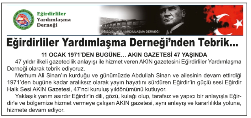 Eğirdirliler Yardımlaşma Derneği?nden Tebrik...