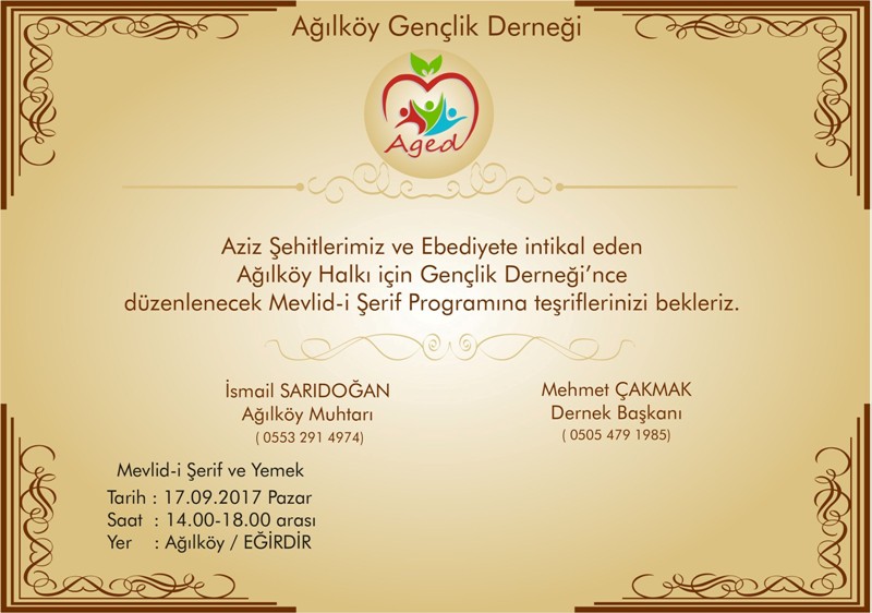 AĞILKÖY GENÇLİK DERNEĞİ MEVLİD-İ ŞERİF OKUTACAK
