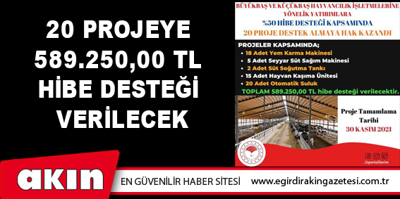 20 Projeye 589.250,00 TL Hibe Desteği Verilecek