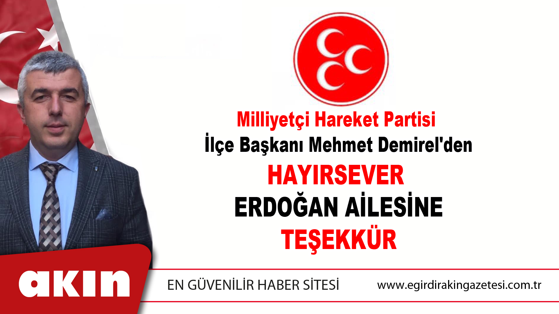 MHP İlçe Başkanı Mehmet Demirel'den  Hayırsever Erdoğan Ailesine Teşekkür